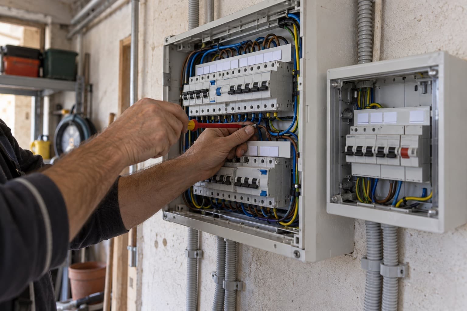 Un elettricista al lavoro sul quadro elettrico, con un quadro separato per le linee di riserva