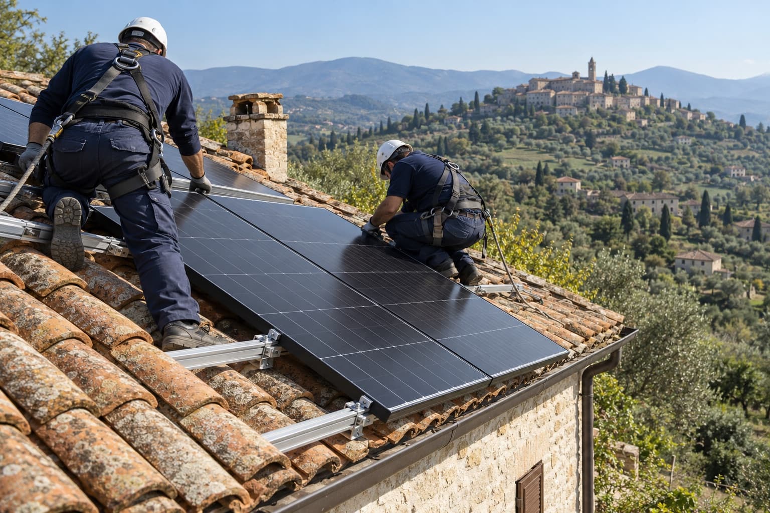 La squadra monta i moduli su un tetto in coppi